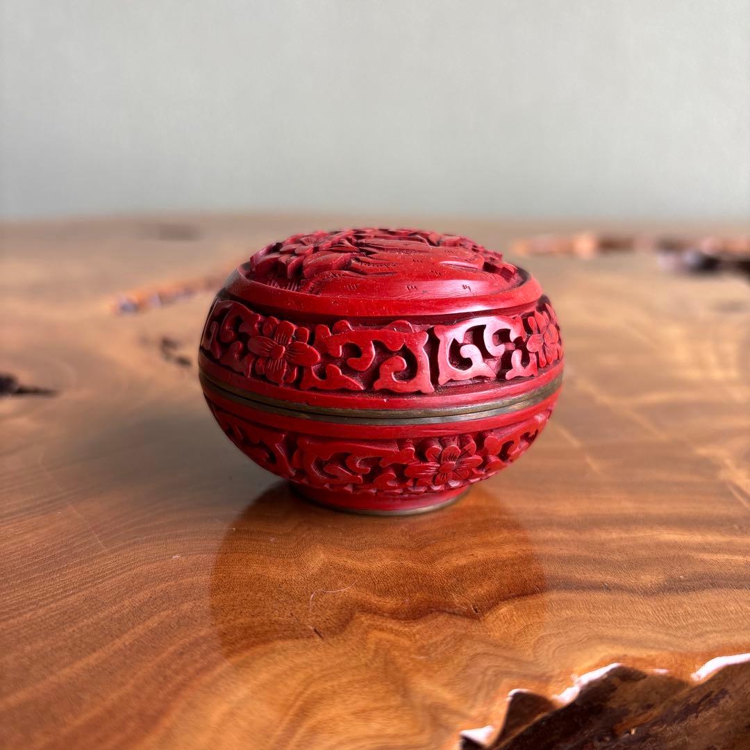 中国 堆朱 香合 茶道具 内七宝 金属枠香合