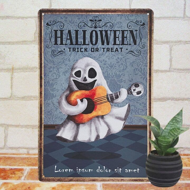デザイン看板 A4】ハロウィン飾りお化けギター★ポスター絵お化け音楽インテリア