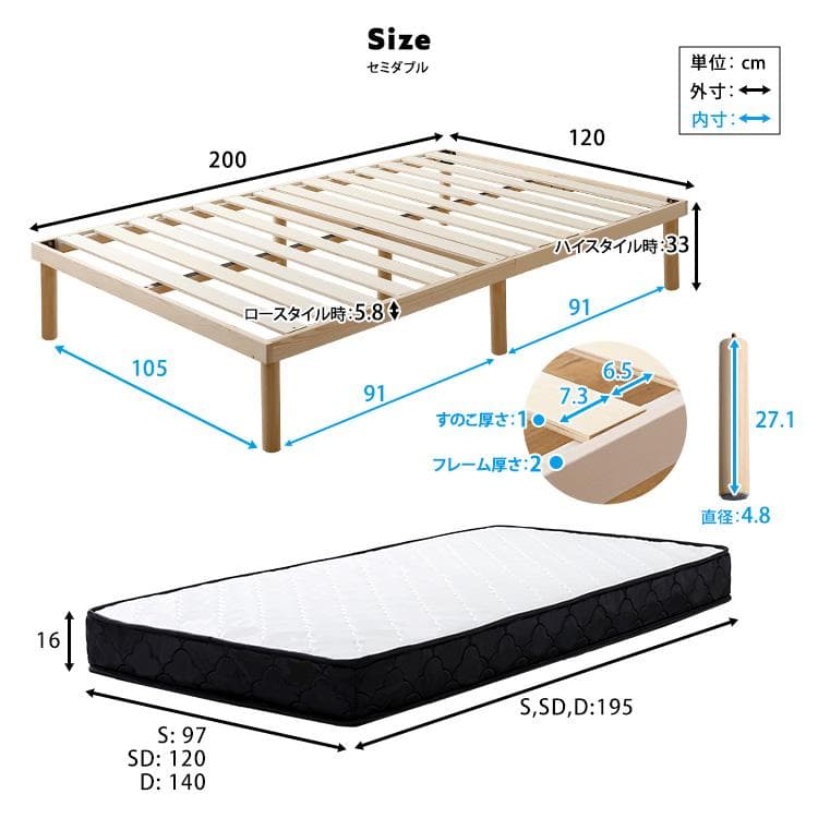 2段階調整脚付きすのこベッド ポケットコイルマットレスセット(セミダブル)